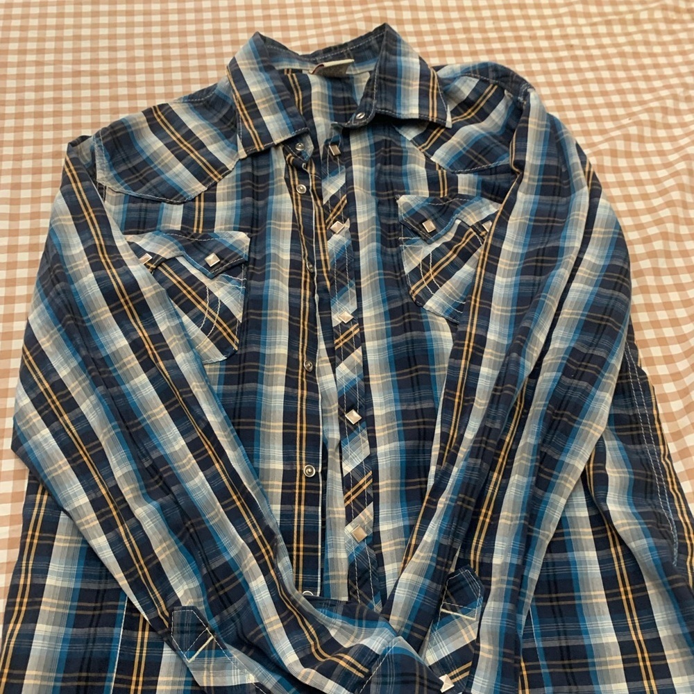 True Religion Blue and Tan Plaid Button Down Shirt